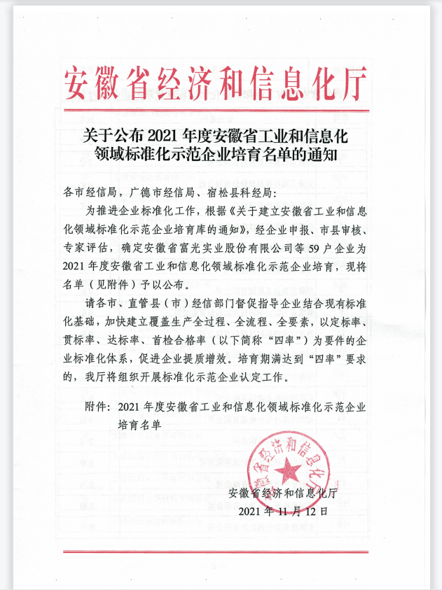 關于發(fā)布2021年度安徽省工業(yè)和信息化領域標準化示范企業(yè)培育名單的通知